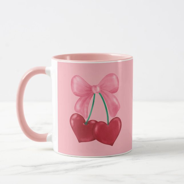 Taza Cerezas rojas rosadas Coquette Bow Cute Chica Mug (Izquierda)