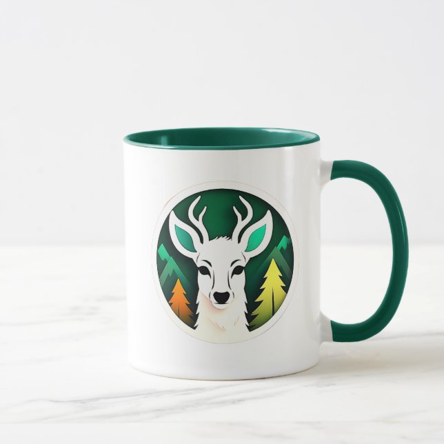 Taza Cerf blanc stylisée sur fond d'une forêt. (Derecha)