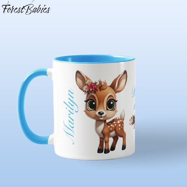 Taza Cerveza, Fawn, Doe 🦌 🎄 Adorada (Cute Baby Deer, Floral Fawn, Doe Lover 🦌 Poinsettia Flowers Blue Deer-ly Loved ForestBabies  Mug)