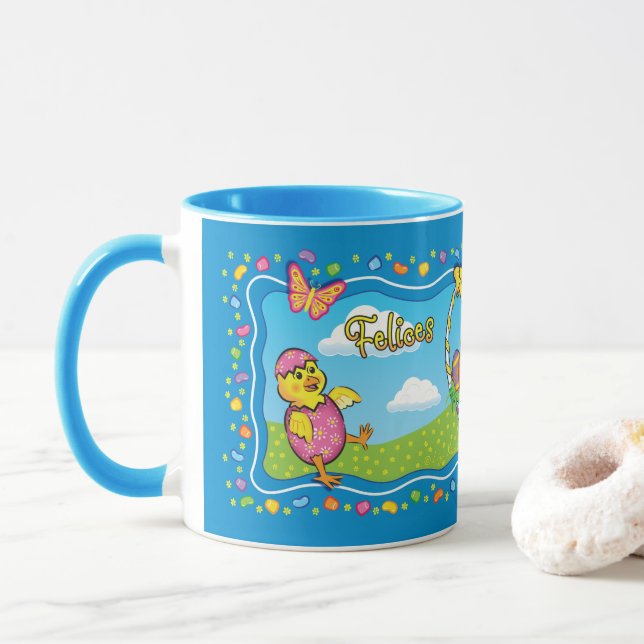 Taza Cesta de Pascua bailando Mug cerámica española (Con donut)