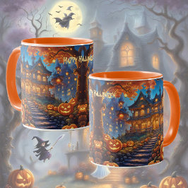Taza Chalet fantasmal en el bosque, calabazas, Hallowee