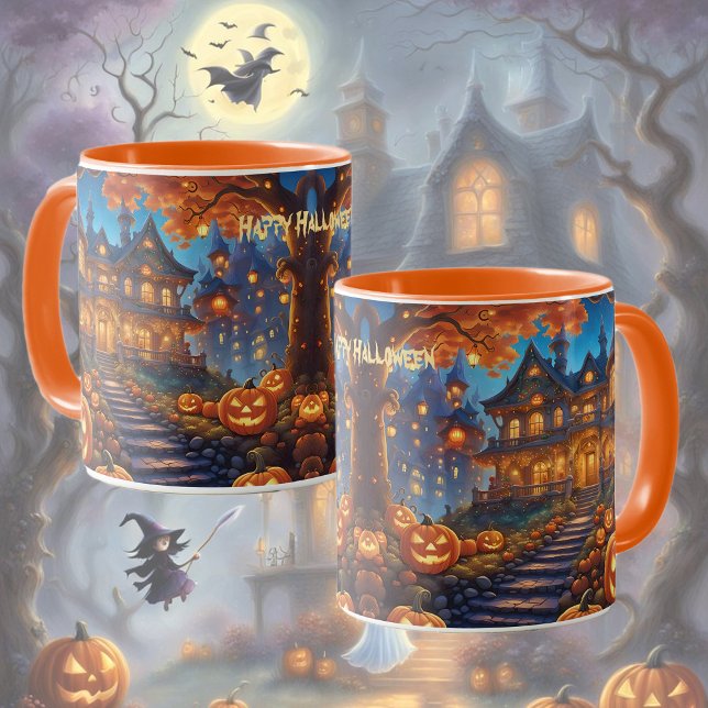 Taza Chalet fantasmal en el bosque, calabazas, Hallowee (Subido por el creador)
