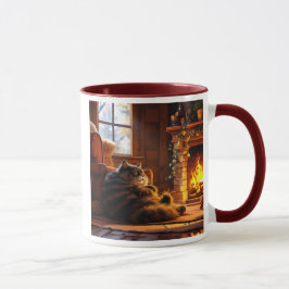 Taza Chat endormi près du feu dans un chalet en bois.