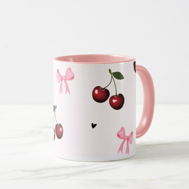 Taza Cherry & Pink Bows Pattern - Coquette Aesthetic (Anverso derecho)