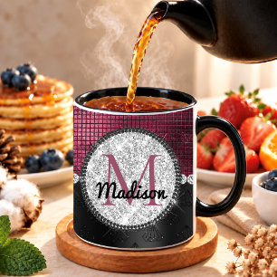 Taza Chic falso brillo plateado burgundy negro monogram