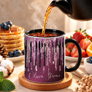 Taza Chic rosa caliente negro brillantina monograma