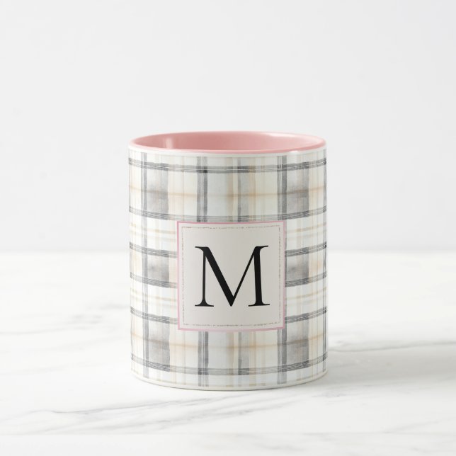 Taza Chic White Grey Plaid Stripes Monogram (Centro)