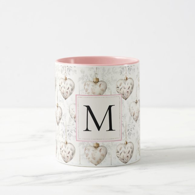 Taza Chic White Pink Heart Ornaments Monogram (Centro)