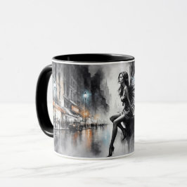 Taza Chica alado místico urbano blanco y negro