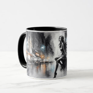 Taza Chica alado místico urbano blanco y negro