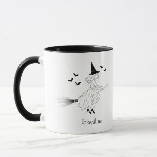 Taza Chica Bruja Y Murciélagos Con Nombre Halloween Mín