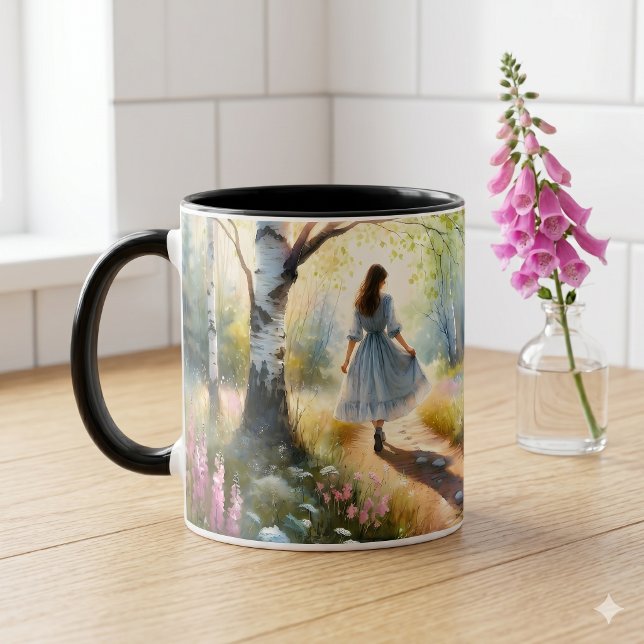 Taza Chica Caprichosa Bailando a Través del Bosque de A (Whimsical Girl Dancing Through Birch Forest Mug)