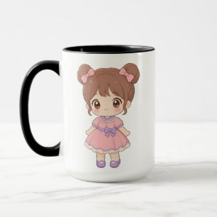 Taza Chica Chibi Kawaii con Moño Doble y Vestido Rosa T