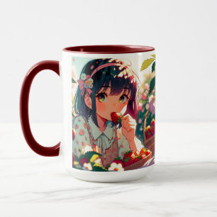 Taza Chica de anime cutáneo comiendo fresas Día de ve