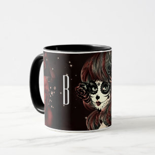 Taza Chica de Cráneo de Azúcar Rosas Rojas Negras Perso