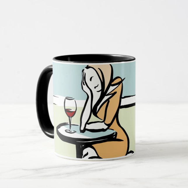 Taza Chica Disfrutando Del Vino Rojo En Un Café (Anverso izquierdo)