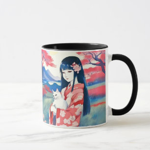 Taza Chica japonés con gato blanco