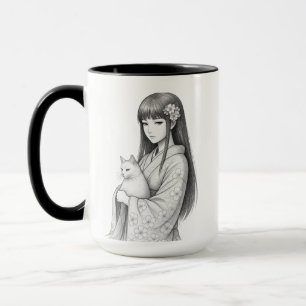 Taza Chica Japonesa con un Gato Blanco
