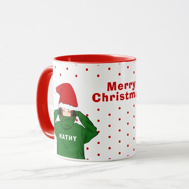 Taza Chica lindo con Navidades de Green Hoodie Santa Ha (Anverso izquierdo)