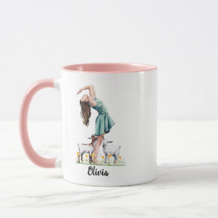 Taza Chica lindo haciendo ejercicio con cabra, acuarela