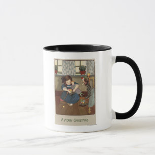 Taza Chica revisando sus zapatos llenos de golosinas
