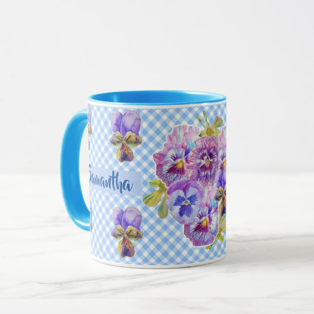 Taza Chicas de las Flores Shabby Pansy Floral Blue Ging (Anverso izquierdo)