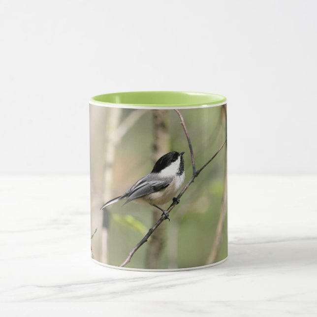Taza Chickadee capsulado negro en una rama (Centro)