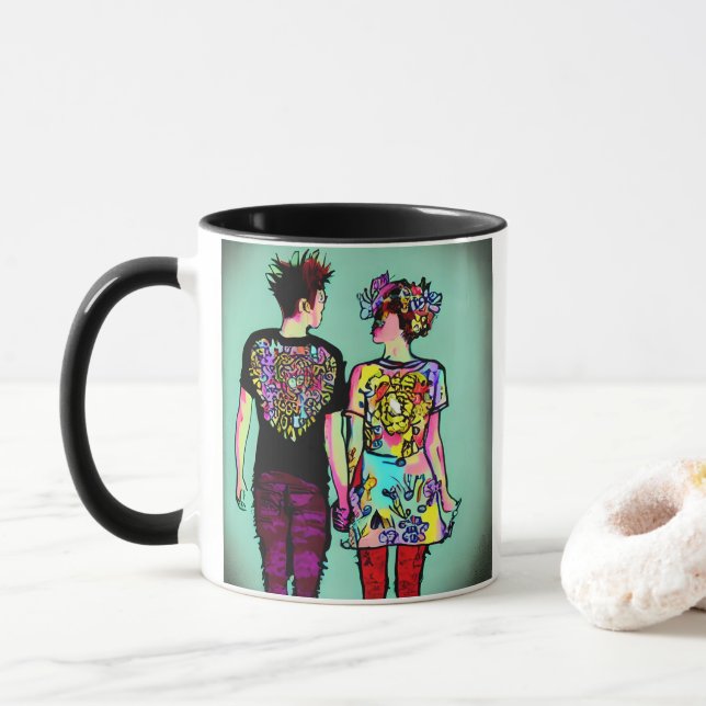 Taza Chico grunge lindo y chica punk bonita tomados de  (Con donut)