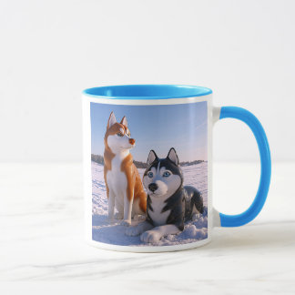 Taza Chiens Huskys dans un paysage enneigé.