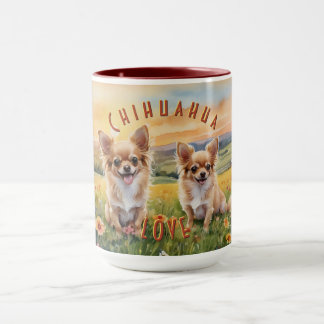 Taza Chihuahua rubia y el amanecer de la granja de cría