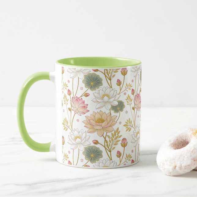 Taza Chinoiserie Elegant Lotus Flowers Gold Pink (Con donut)