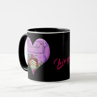 Taza Chocolate de corazón púrpura en el día de la madre
