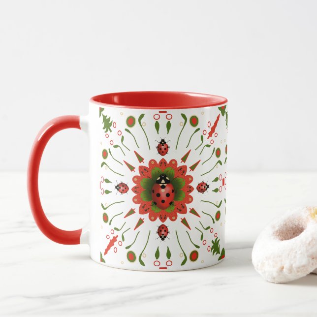 Taza Christmas Ladybug - Red White Green Ceramic (Con donut)