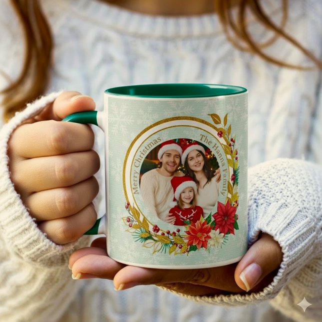 Taza Christmas Photo - Gold Glitter Wreath Family (Subido por el creador)