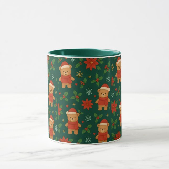 Taza Christmas Teddy Bear Pattern – Cute Green Holiday  (Centro)