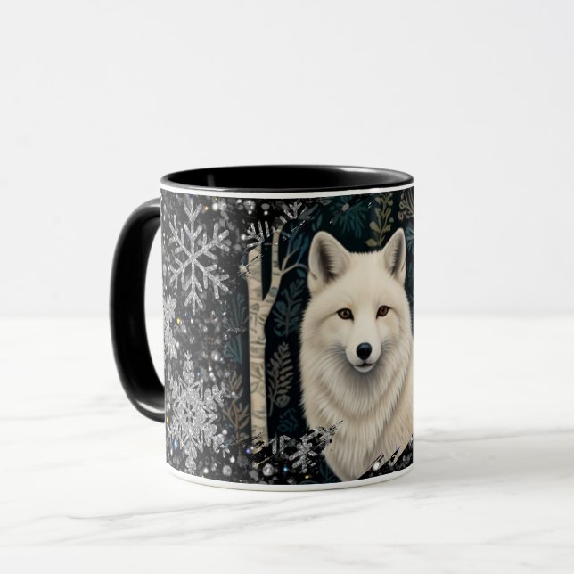 Taza Christmas white fox white wolf sparkling snowflake (Anverso izquierdo)