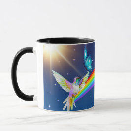 Taza Cielo nocturno, dos pájaros, mariposas y arcoiris