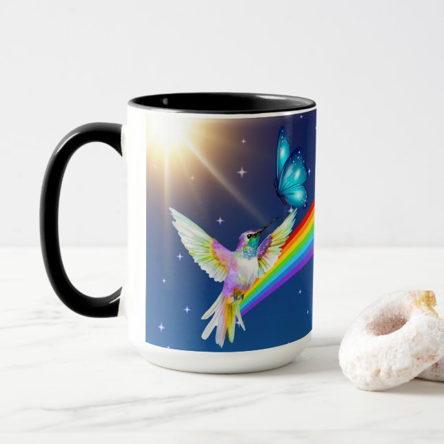 Taza Cielo nocturno, dos pájaros, mariposas y arcoiris (Con donut)