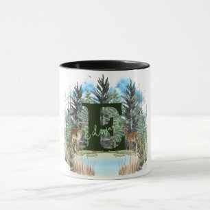 Taza Ciervo Acuarela Letra De Monograma Personalizada E