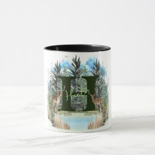 Taza Ciervo Acuarela Letra De Monograma Personalizado H