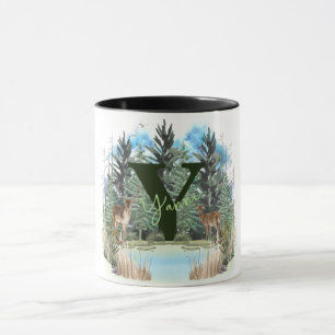 Taza Ciervo Acuarela Letra Monograma Personalizada Y