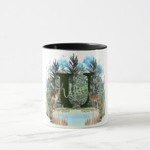 Taza Ciervo Acuarela Letra Personalizada Monograma U