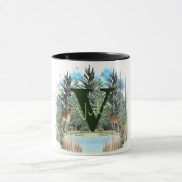 Taza Ciervo Acuarela Letra Personalizada Monograma V