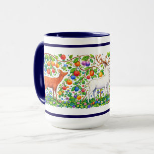 Taza Ciervo Retro en Friso de Bosque de Árboles Frutale