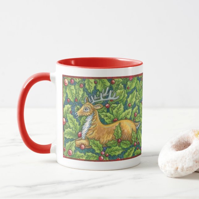 Taza Ciervos de Navidad lindos en el bosque con acebo (Con donut)