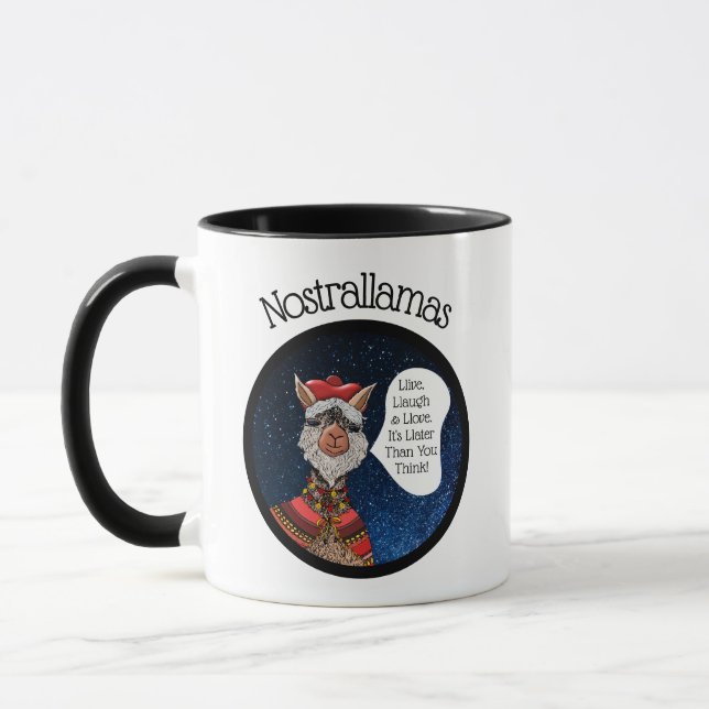 Taza Cita Inspiradora de Cute Nostradamus Llama Pun (Izquierda)