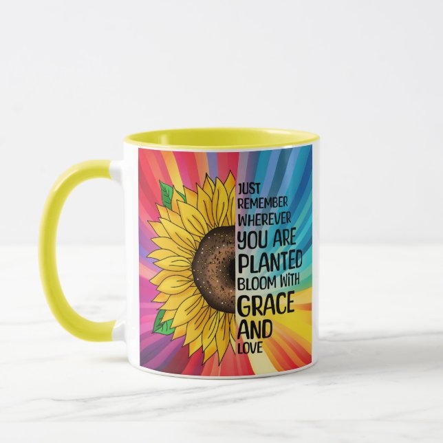 Taza Cita inspiradora y girasol dibujado a mano (Izquierda)