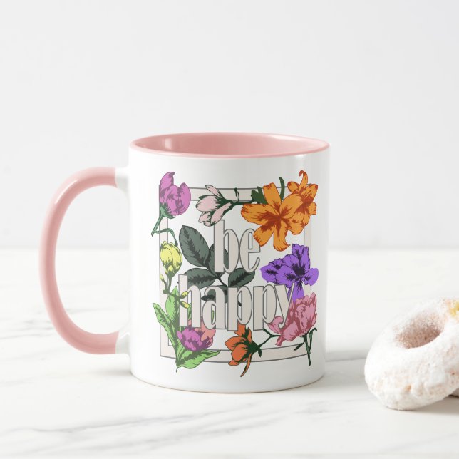 Taza Cita positiva Be Happy y flores de jardín (Con donut)