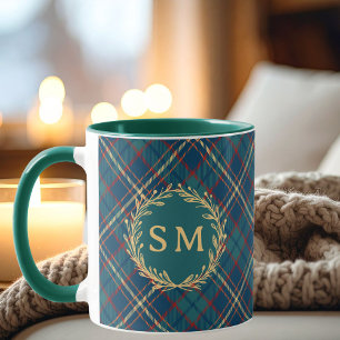 Taza Clásico Monograma Dorado Corona Verde Tartán Cuadr