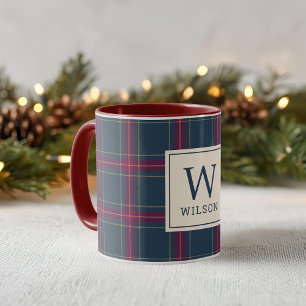 Taza Clásico Navideño de Cuadro Escocés Rojo y Azul Mar